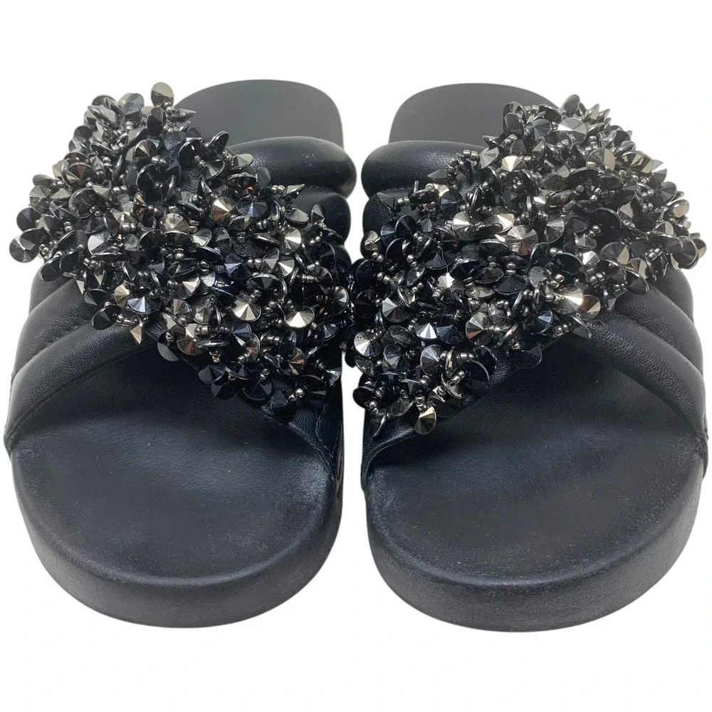 Tory Burch Logan Embellished Studded Leather Crossover Slide Sandals Black Sz 8